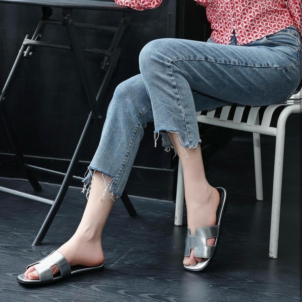 Metallic Silver Slide Sandals for Women